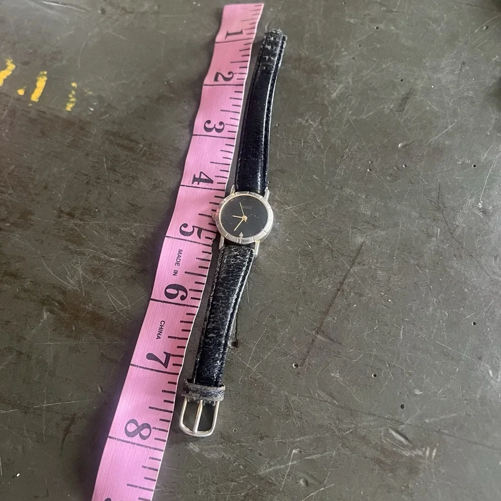 Vintage Diamond Quartz Watch Women Black Leather Strap Analog Round Case AS IS